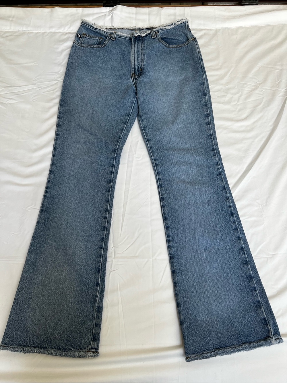 Frayed Hem Medium Blue High-Rise Flare Jeans